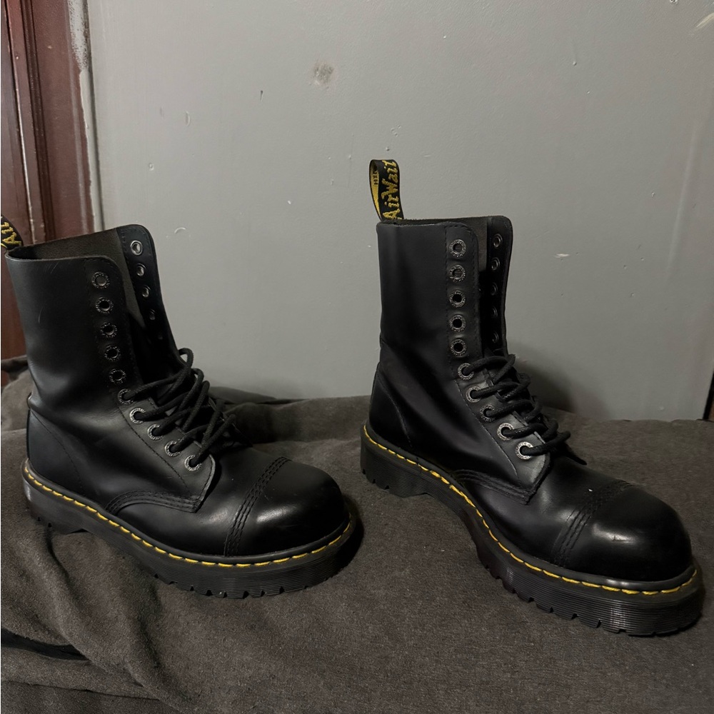 Dr. Martens 8761 Black Leather Lace-Up Ankle Boots with Yellow Stitching - Picture 2 of 5